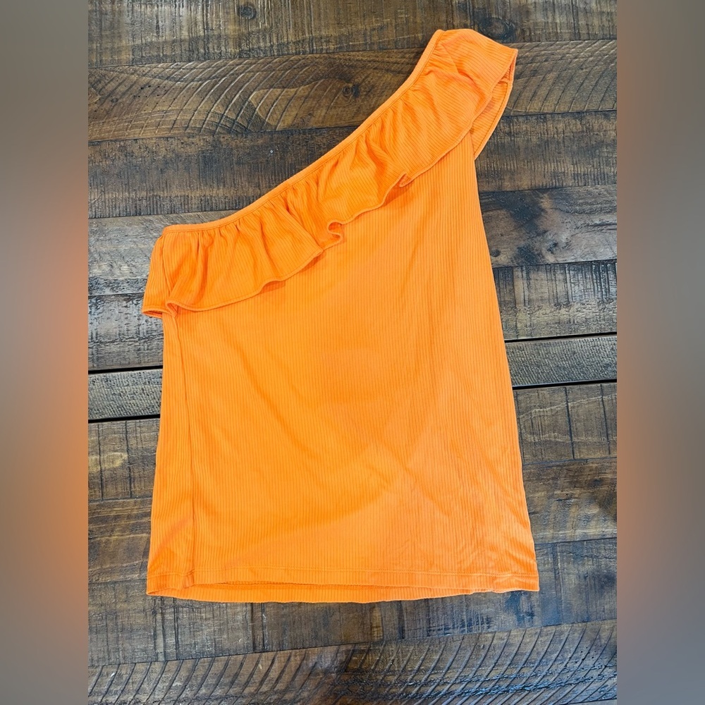 LOFT Vibrant Orange One-Shoulder Ruffle Tank